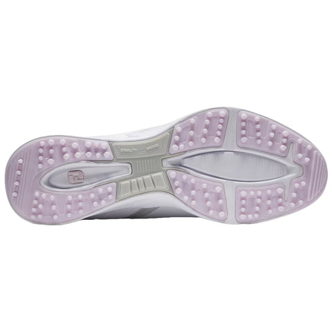 A sneaker sole is displayed with a textured pattern featuring rounded lugs for traction the color scheme is predominantly white with light purple accents showcasing its athletic design intended for stability and performance.