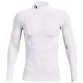 A long-sleeved white athletic top is displayed featuring a mock neck and a small black logo on the upper left side the garment is designed for sports and fitness activities.