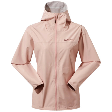 A pink waterproof jacket stands upright with its zipper closed and hood up the sleeves are relaxed and it features a small logo on the chest