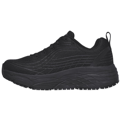 A black athletic shoe rests on a flat surface showcasing a textured fabric upper and a thick, ridged rubber sole designed for comfort and support during physical activities.