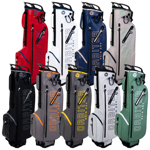 A collection of ten golf bags in various colors stands upright with visible zippers and straps showcasing the brand name ORBITER each bag is designed with features for rain protection displayed against a plain background