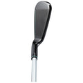 A golf club head is positioned upright showcasing a sleek black surface with grooves for grip and accuracy while a silver shaft connects it to the handle for swinging.