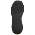 A shoe sole is presented flat with a textured black rubber surface featuring a pattern of grooves and ridges designed for traction in various environments.