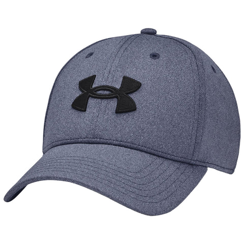 A navy blue cap with a curved brim features a prominent black Under Armour logo on the front displaying a sporty design suitable for outdoor activities.