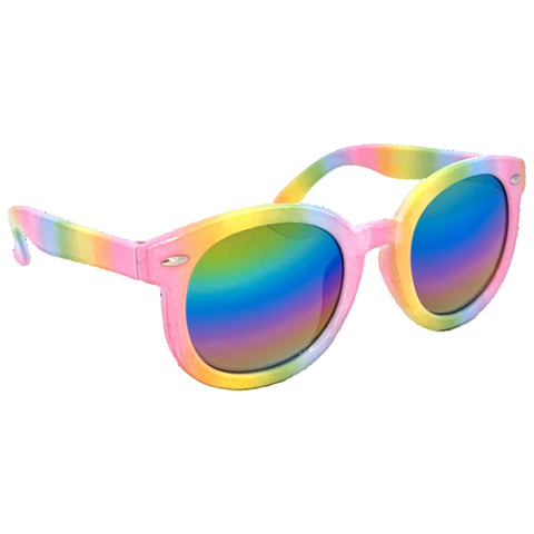 Colorful sunglasses with rounded lenses reflect various shades of blue and green. They sit on a plain background, showcasing their vibrant pink and yellow striped frame design.