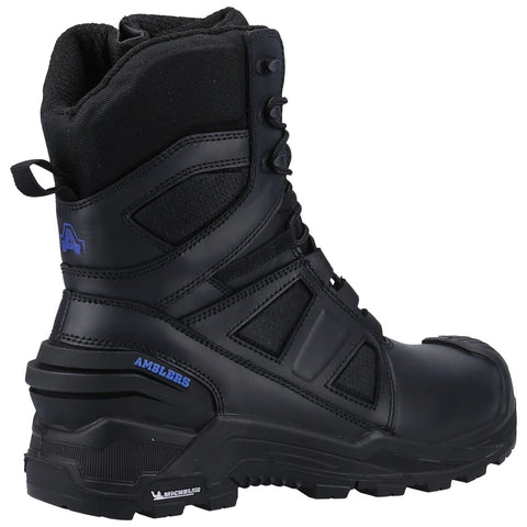 A black high-top boot is positioned sideways showcasing its rugged design and lacing system emphasizing durability and support suitable for outdoor activities or work environments.