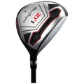 A golf club head is prominently displayed featuring a shiny metallic surface with a black and red design while the angled view showcases its sleek shape and grooves for performance.