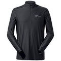 A black long-sleeve zip-up shirt with a high collar is displayed front-facing The fabric texture is smooth with a subtle pattern and features a logo on the upper left side