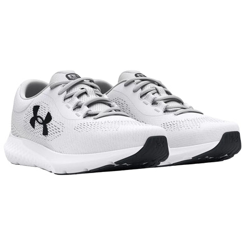 White athletic shoes are positioned side by side showcasing their sleek design and breathable texture with gray accents and a black logo on the side set against a plain background.