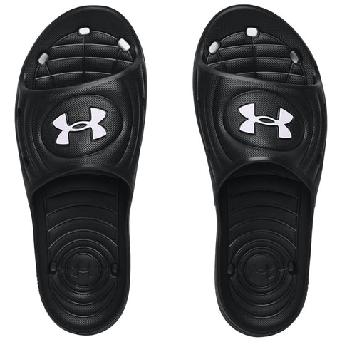 Black sports sandals with a prominent white logo sit side by side on a flat surface showcasing their textured soles and open design suitable for casual wear or post-activity comfort.