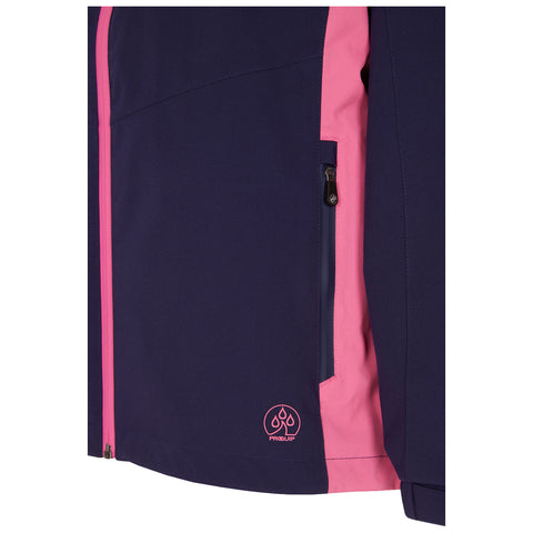 A navy jacket with pink accents features a side pocket with a zipper and a logo at the hem indicating water resistance suitable for outdoor activities.