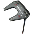 A black and silver golf putter features a uniquely shaped head with a central cutout uses dots and text for branding and model identification resting upright on a white background