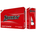 A red box labeled Srixon Distance displays golf balls inside and features text highlighting its premium soft distance and construction details in a well-designed packaging context.