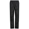 Black rain pants hang vertically showcasing a shiny material with an elastic waistband and gathered cuffs designed for outdoor use in wet conditions set against a plain white background.