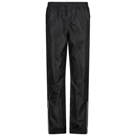 Black rain pants hang vertically showcasing a shiny material with an elastic waistband and gathered cuffs designed for outdoor use in wet conditions set against a plain white background.