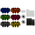 A collection of colorful dart flights in various designs is arranged in rows alongside dart stems and small accessories for assembly in an organized layout on a neutral background.