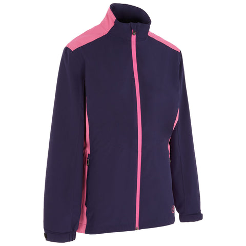 A navy and pink jacket stands upright showcasing its zippered front and high collar in a neutral setting without any visible distractions or context around it.