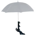 A white umbrella is mounted on a black attachment fixed to a stroller handle providing shade likely in an outdoor setting with a neutral background.