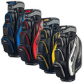 Four golf bags stand side by side featuring various colors including blue red yellow and white Each bag has multiple pockets and a sleek design suitable for carrying golf equipment.