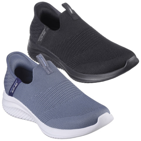 Two pairs of slip-on shoes are displayed one in black and one in gray. They feature a knitted upper and a flexible sole suitable for casual wear.