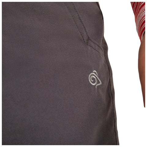 A pair of dark gray pants features a small spiral logo near the pocket while a person’s hand is partially visible, hinting at casual wear in a relaxed setting.