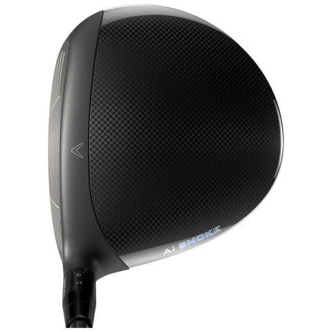 A golf driver with a sleek black carbon fiber head is displayed at an angle showcasing its modern design and large hitting surface aimed for powerful strikes on a golf course.