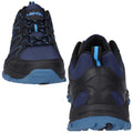 A pair of athletic shoes is positioned facing forward with a side view showing the heel the shoes feature a blue and black color scheme and textured soles for traction