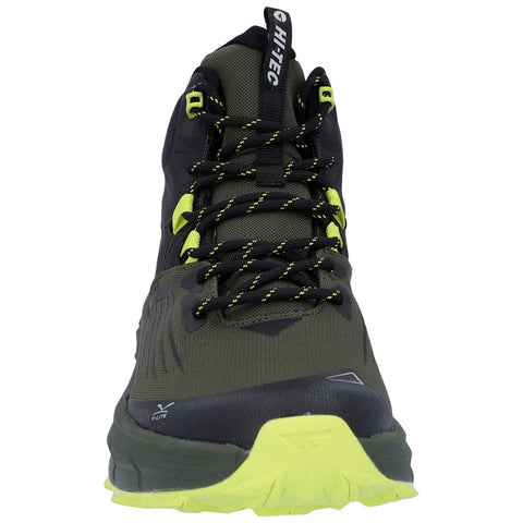 A black and green hiking shoe with a thick sole and yellow accents sits upright showing its laces and design features in a neutral background.