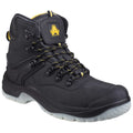 A black hiking boot with yellow accents features a high ankle design and reinforced toe. It has a sturdy sole and prominent lace system, suitable for outdoor activities.