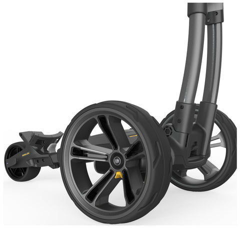 A pair of stylish black wheels appears prominently with a sleek frame attached showing an innovative design featuring a yellow detail set against a bright white background.