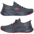 A dark gray athletic shoe is displayed from multiple angles showcasing its knit upper and red accents while featuring a cushioned sole designed for comfort during movement.