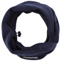 A blue fleece neck warmer is displayed lying flat in a circular shape with a drawstring toggle on one side for adjustment it is suitable for outdoor use