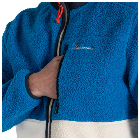 A person wears a blue fleece jacket with a zippered front and is zipping it up while holding the fabric with one hand in a neutral setting