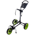 A golf push cart with a black frame and bright green wheels is standing still. It features a handle for guiding and has storage areas for golf gear.