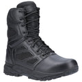 A black tactical boot features a high ankle design with a combination of leather and mesh detailing providing ventilation and support for rugged outdoor activity and operational environments.