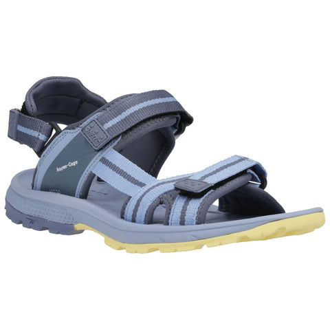 A blue and gray sandal features adjustable straps with a textured rubber sole designed for outdoor activities and offers comfort and support in casual settings.