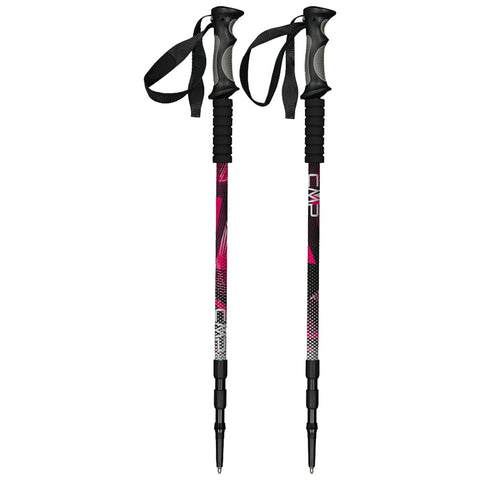 Two trekking poles stand upright with rubber grips and wrist straps. They feature a colorful design, predominantly pink and black, suitable for outdoor hiking activities.