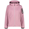 A pink jacket with a hood is displayed front-forward featuring a zipper closure and a side pocket on the upper left arm designed for outdoor activities.