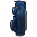 A navy blue golf bag stands upright featuring multiple pockets and zippers designed for storage and organization providing easy access to golf equipment while being on a golf course.