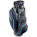 A golf bag stands upright featuring a sleek design with a combination of black and blue colors several zippered pockets and a structured top for organizing clubs in an outdoor setting