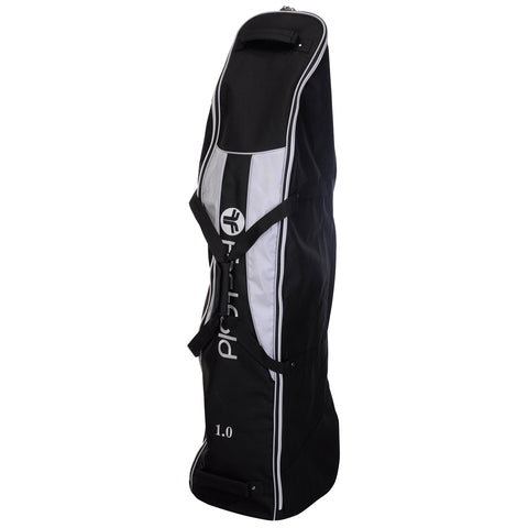 A tall black and gray sports bag stands upright featuring a zippered opening and straps for carrying showcasing the brand logo on the front and a model number on the side