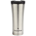 A shiny stainless steel travel mug is standing upright featuring a black lid with an opening at the top the brand name Craghoppers is displayed near the bottom