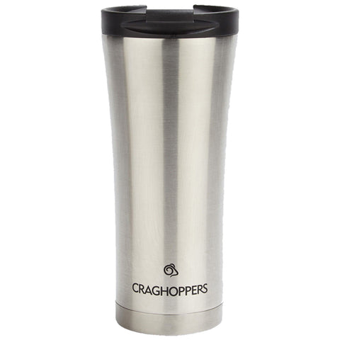 A shiny stainless steel travel mug is standing upright featuring a black lid with an opening at the top the brand name Craghoppers is displayed near the bottom