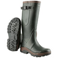 A pair of green rubber boots stands upright beside one boot displayed on its side showing a rugged sole designed for traction in wet conditions ideal for outdoor work or recreation.