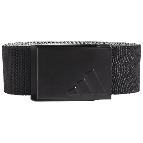 A black strap belt with a rectangular metallic buckle featuring a design with three diagonal stripes is laid flat against a neutral background showcasing its sleek and functional design.