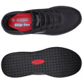 A black slip-resistant shoe is displayed from the top and bottom views showcasing the mesh upper and textured rubber sole designed for workplace safety and comfort. Text includes "SLIP RESISTANT SKECHERS WORK Slip-ins."