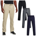 Beige pants worn by a man are displayed alongside three other pairs in black gray and navy colors against a neutral backdrop emphasizing the variety of available colors and styles.