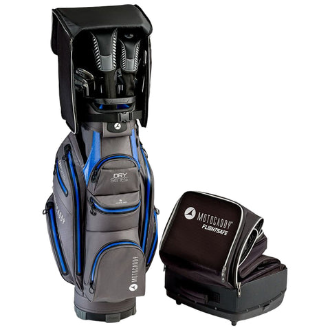 A golf bag with multiple pockets stands upright holding clubs while a smaller black bag sits beside it displaying the brand name Motocaddy indicating a sporty and organized setup for golfing.