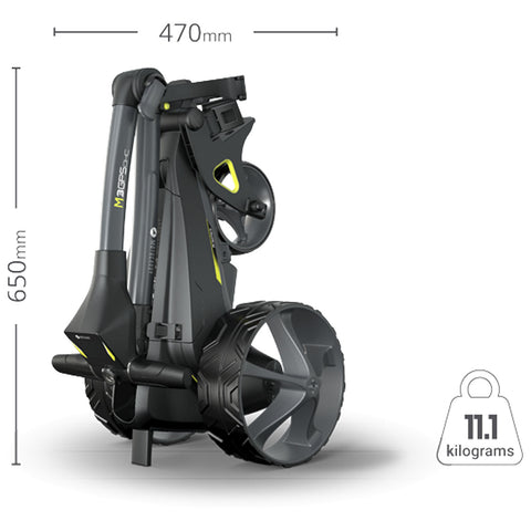 A golf trolley is upright and folded for storage showcasing its dimensions of 470mm width and 650mm height with a weight of 11.1 kilograms in a minimalistic context.