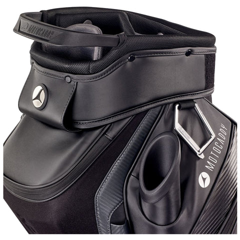 A black golf bag features a top compartment with a handle for carrying and multiple pockets for storage showcasing an ergonomic design suitable for golf equipment and accessories.